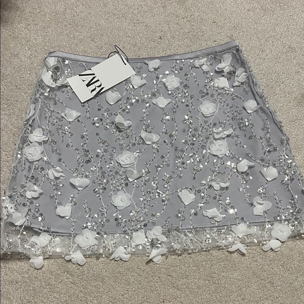 Zara Silver Sequin Floral Skirt